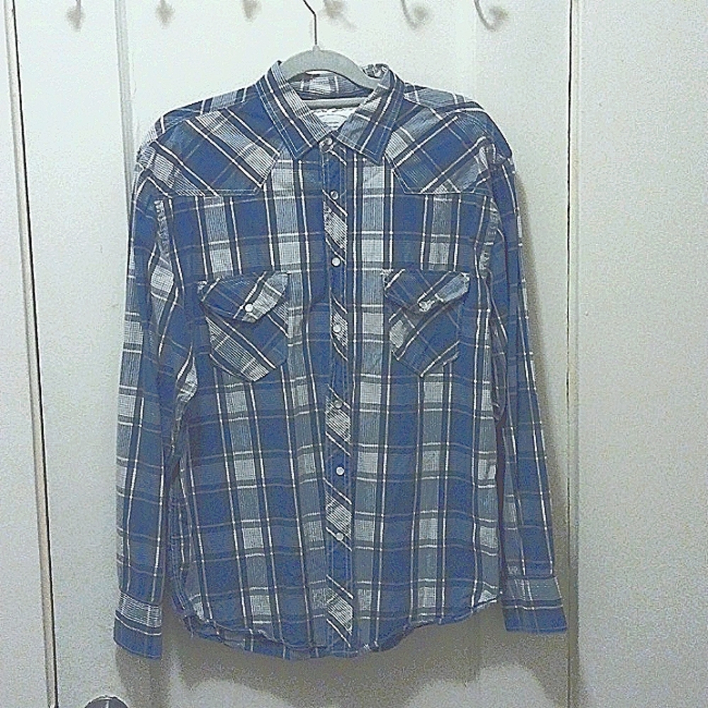 POINT ZERO, Men shirt, L, Pearl Snap Buttons, Plaid, Blue, Gray, White.